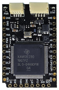 BeagleConnect Torque controller module, top view showing the microcontroller, CAN and Qwiic connectors, expansion pins, and debug connections.