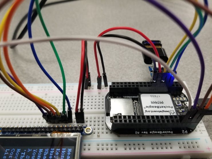 Connections from the LCD screen to GPIO and SPI0 on PocketBeagle.