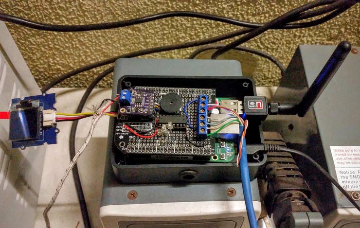 Final breadboard build with wires to oven