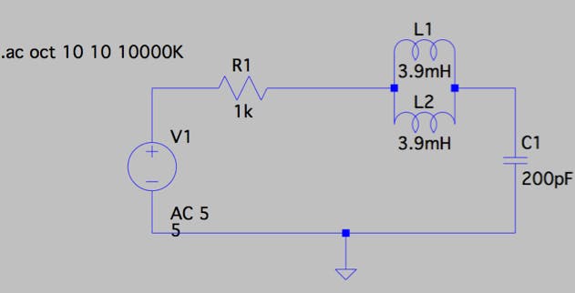 Figure 1. Notch filter simulation circuit schematic. It was assumed that human capacitance is approximately 100 - 200pF and as a result the inductance was found in order to give the desired center frequency. The resistive value was then specified to give an appropriate notch width.