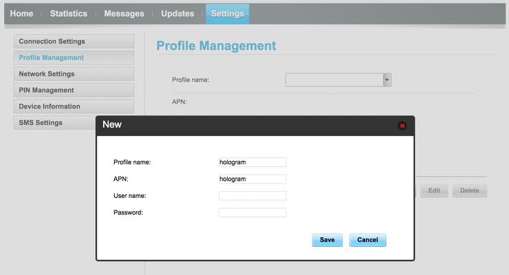 APN setup, username and password stay blank