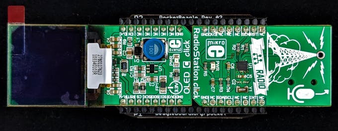 Two click boards™ from MikroElektronika installed on BeagleBoard.org® PocketBeagle® 