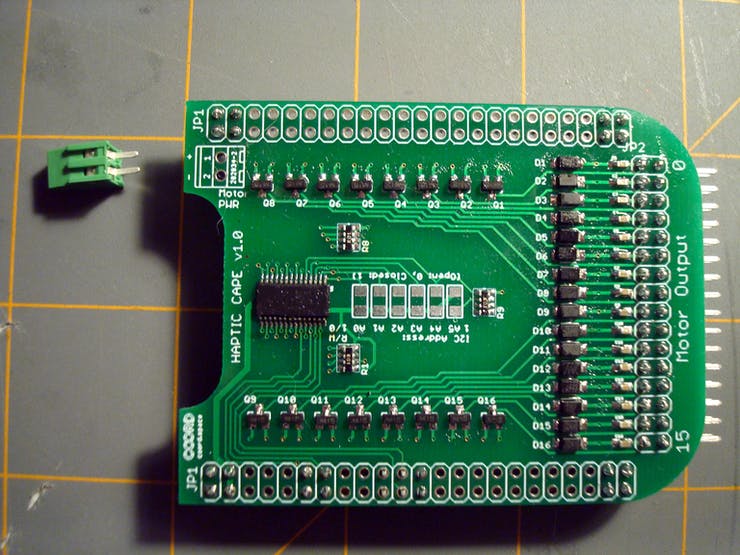 For the final piece, we have the two position screw-terminal block. This goes on in the holes near the top of JP1/P8. Be sure to check that the wire inputs are facing away from the board! 