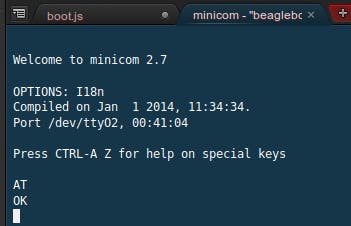 The minicom console with AT and OK.