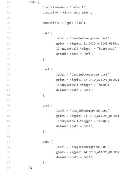 The leds node in the PocketBeagle's device tree