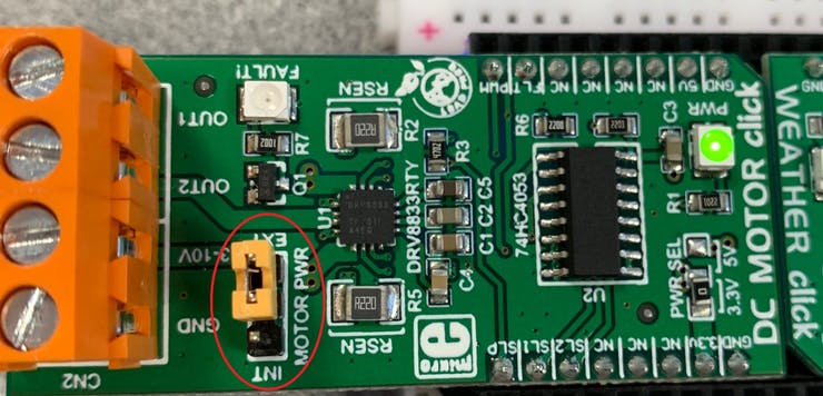 Jumper J2 selecting an external power supply for DC Motor Driver