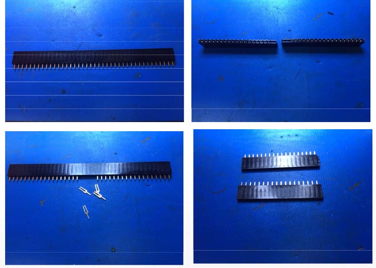 Cutting the header with the short leads for inner rows (pull out the middle 4 pins and cut in two)