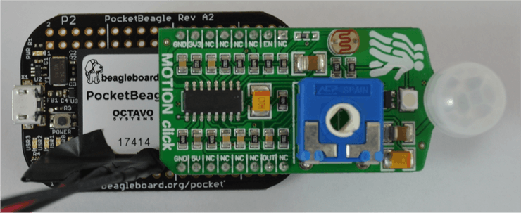 Motion Click Board attached to PocketBeagle