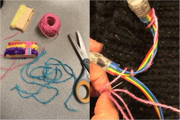 Sewing the LED strand to the knitted hat