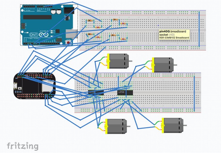 Fritzing Diagram of PocketBeagle, Arduino, Motors, and Motor Drivers